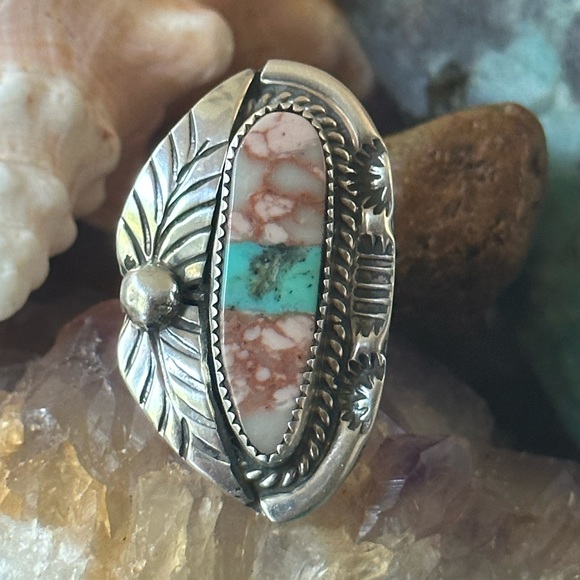 Red vein jasper turquoise ribbon 925 solid sterling silver native made ring - Picture 1 of 6